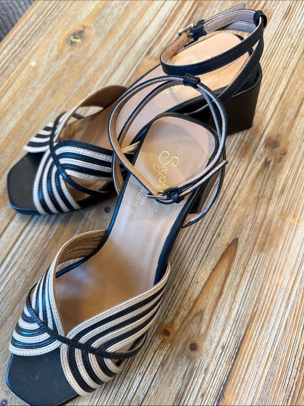 Seychelles Navy and Cream Striped Ankle-Strap Block Heels